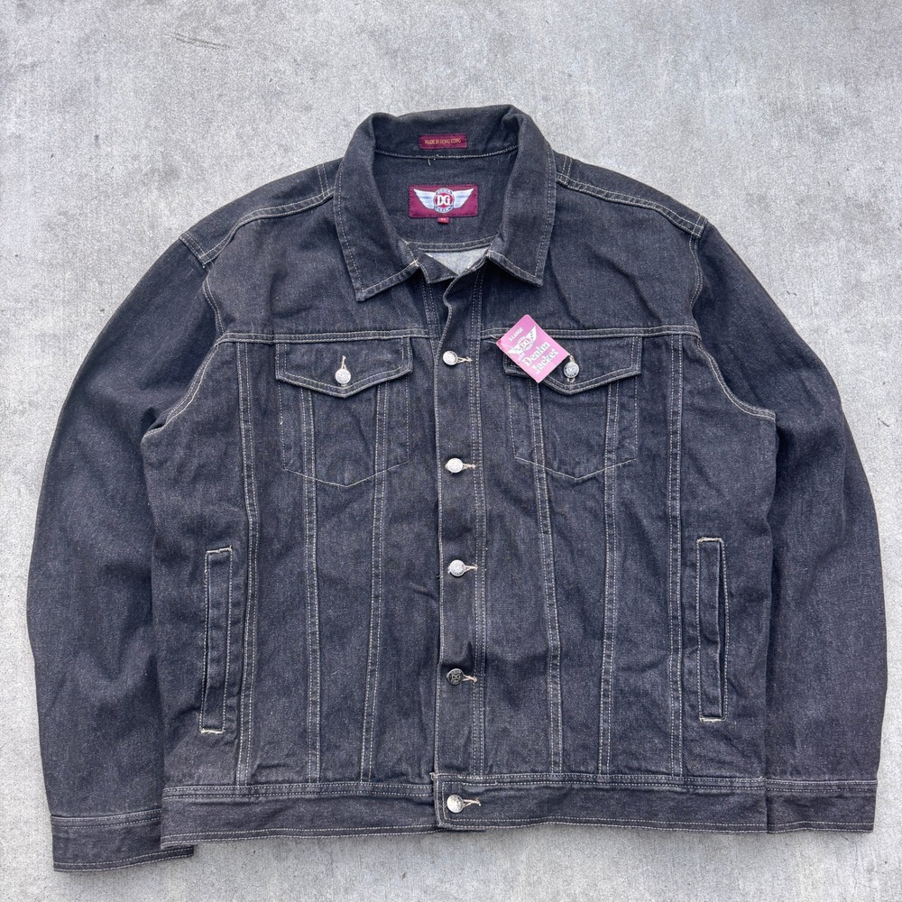 Vintage Y2k Mens Black Denim Gear Trucker Jacket XL NWT Contrast Stitch faded